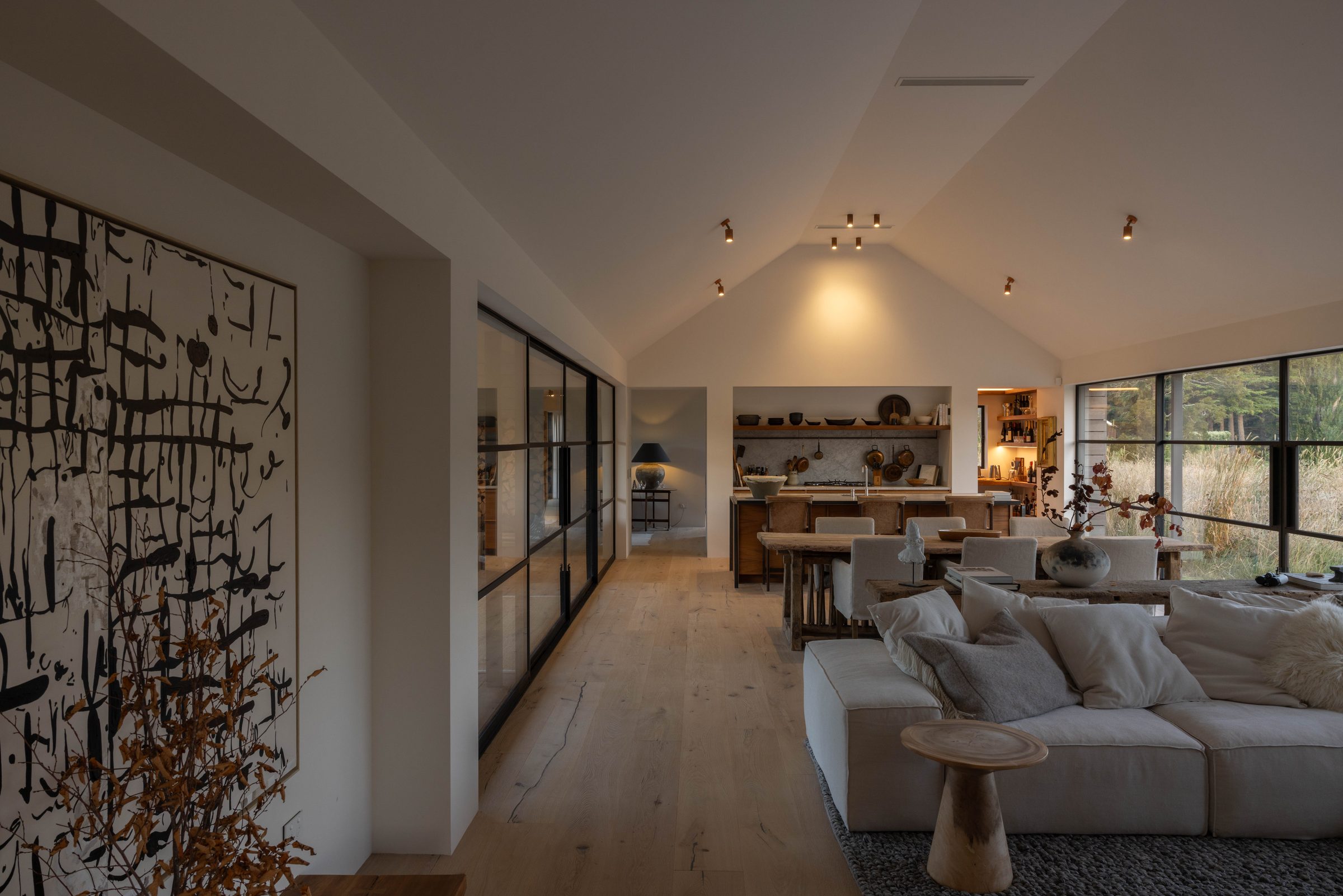 Living room interior, gable end — W40 over the paddock
